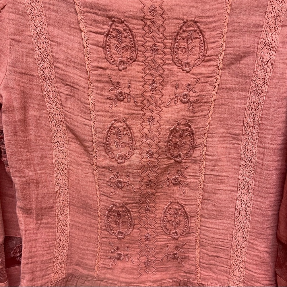 Calligraphie Long Sleeve Blouse Terra Cotta color Embroidered Women’s XS NWT - Picture 3 of 8